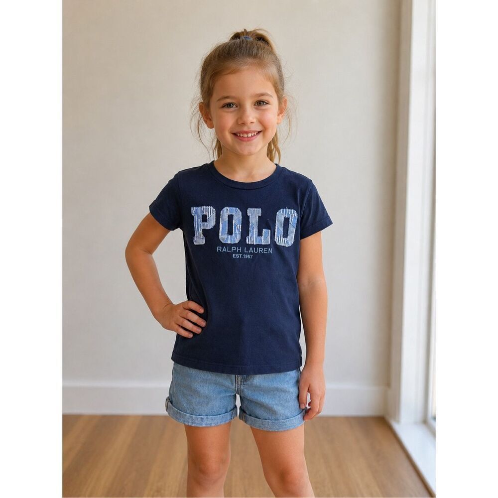 Polo Ralph Lauren Girls Navy Graphic T-Shirt Size M 8-10 Blue Logo Tee